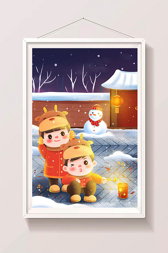 温馨卡通冬天新年点爆竹的儿童插画图片