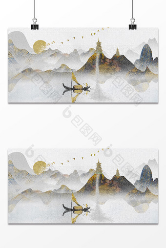 古风民族传统中华刺绣高山瀑布渔船背景图片