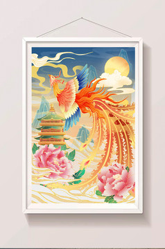 中国风国潮传统绘画元素背景凤凰牡丹插画