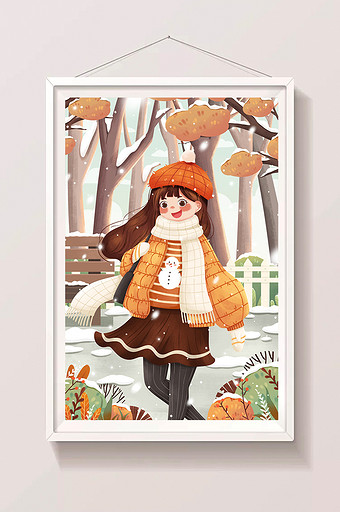 二十四节气小雪女孩冬季雪地插画图片