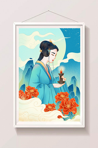 中国风国潮明月女子插画图片