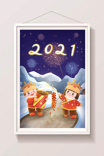 元旦新年中国娃娃放鞭炮插画图片