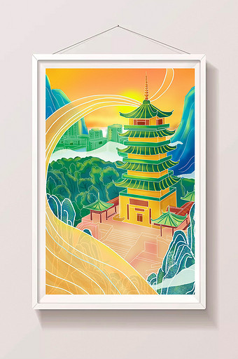 国潮中国风佛山城市古塔建筑场景插画图片