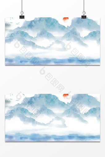 蓝色中国风复古山水背景图片