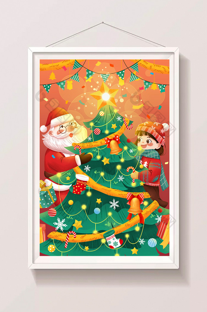 圣诞节装饰圣诞树圣诞老人和女孩插画图片图片
