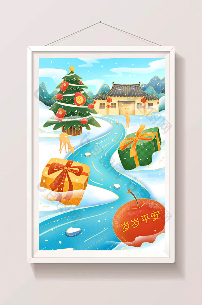 圣诞节平安夜中国雪景插画图片图片