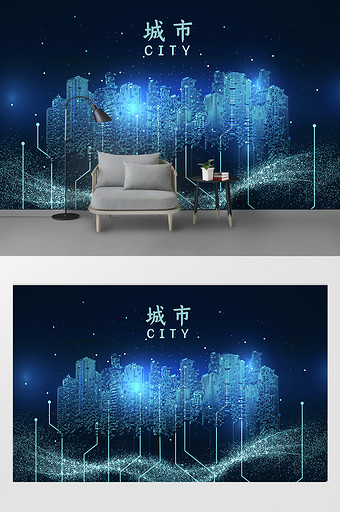 现代新中式城市地标高端大气蓝色发光背景墙图片