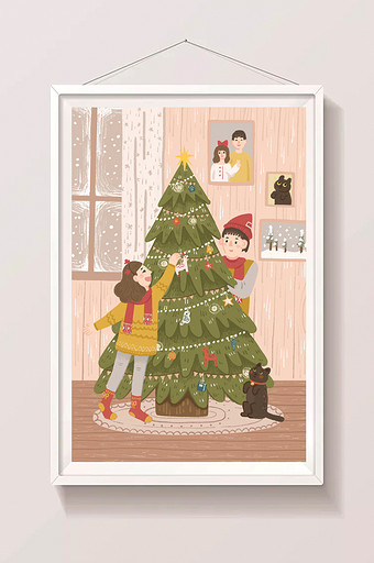 黄色温馨圣诞节情侣装饰圣诞树插画图片