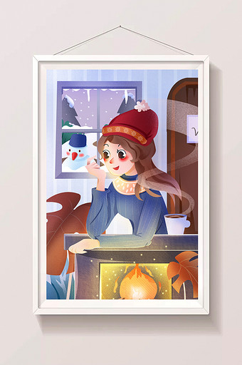 手绘风冬天火炉前的女生和窗外的小雪人插画图片