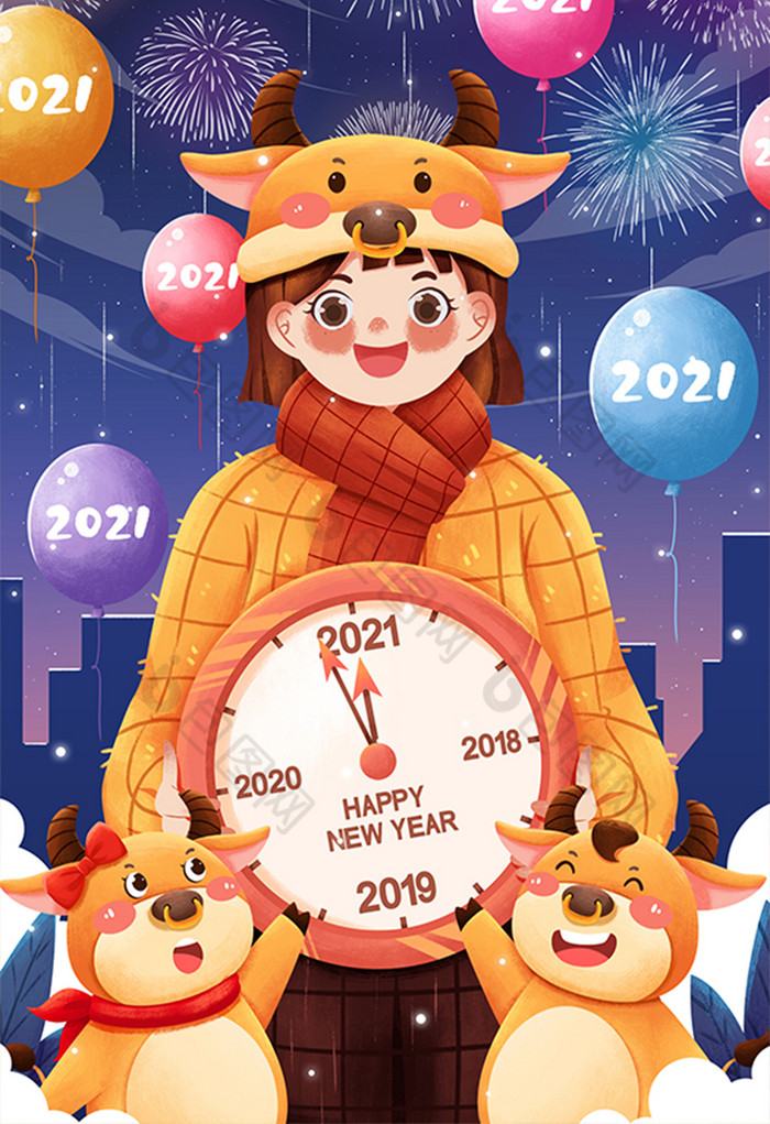 2020到2021跨年图片卡通,2020到2021跨年图片 2021牛年元旦跨年倒计时女孩与牛插画