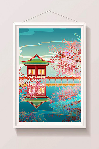 中国风国潮复古中国传统建筑海报背景插画图片