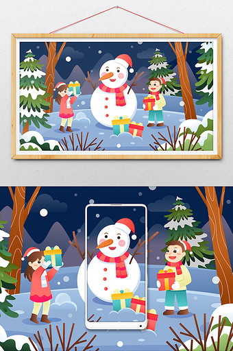 卡通矢量平安夜圣诞节雪人礼物创意插画图片