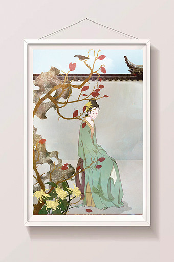 黄绿色系中国风古风女子庭院插画图片