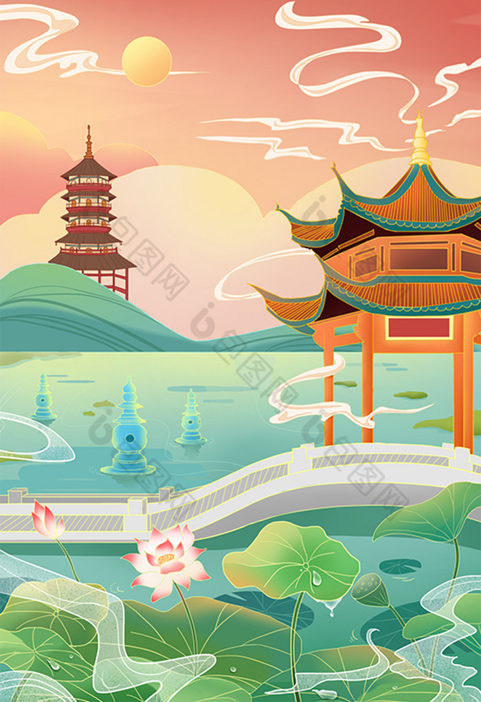 中国风西湖风景插画