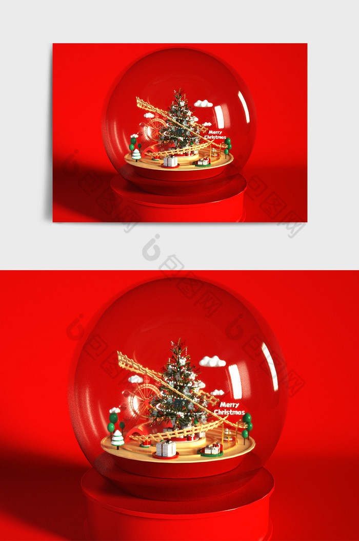 红色系圣诞节日水晶球主题C4D创意场景图片图片