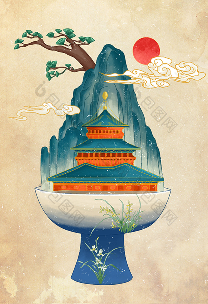 国潮建筑插画图片