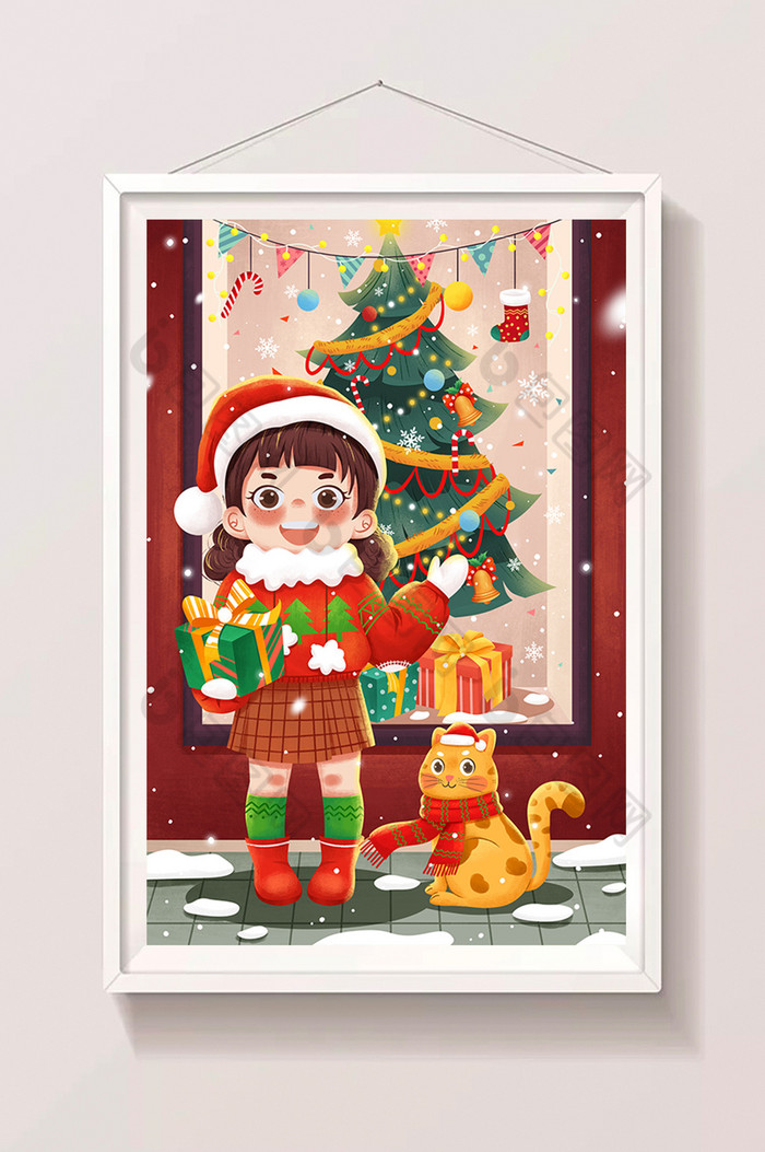 圣诞节圣诞女孩与猫圣诞树插画