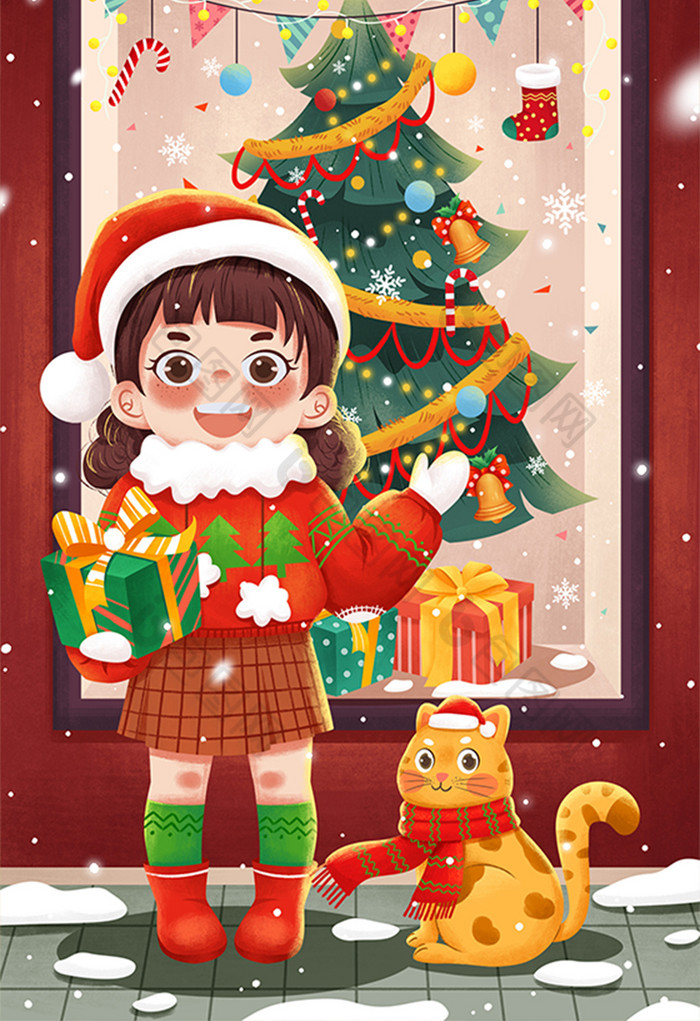 圣诞节圣诞女孩与猫圣诞树插画