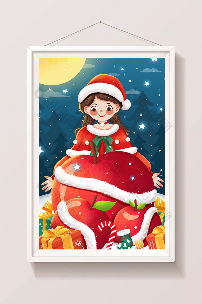 平安夜圣诞节圣诞女孩苹果礼物插画图片图片