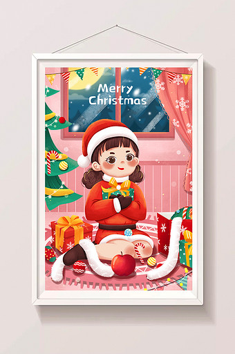 圣诞节圣诞女孩礼物装饰圣诞树插画图片