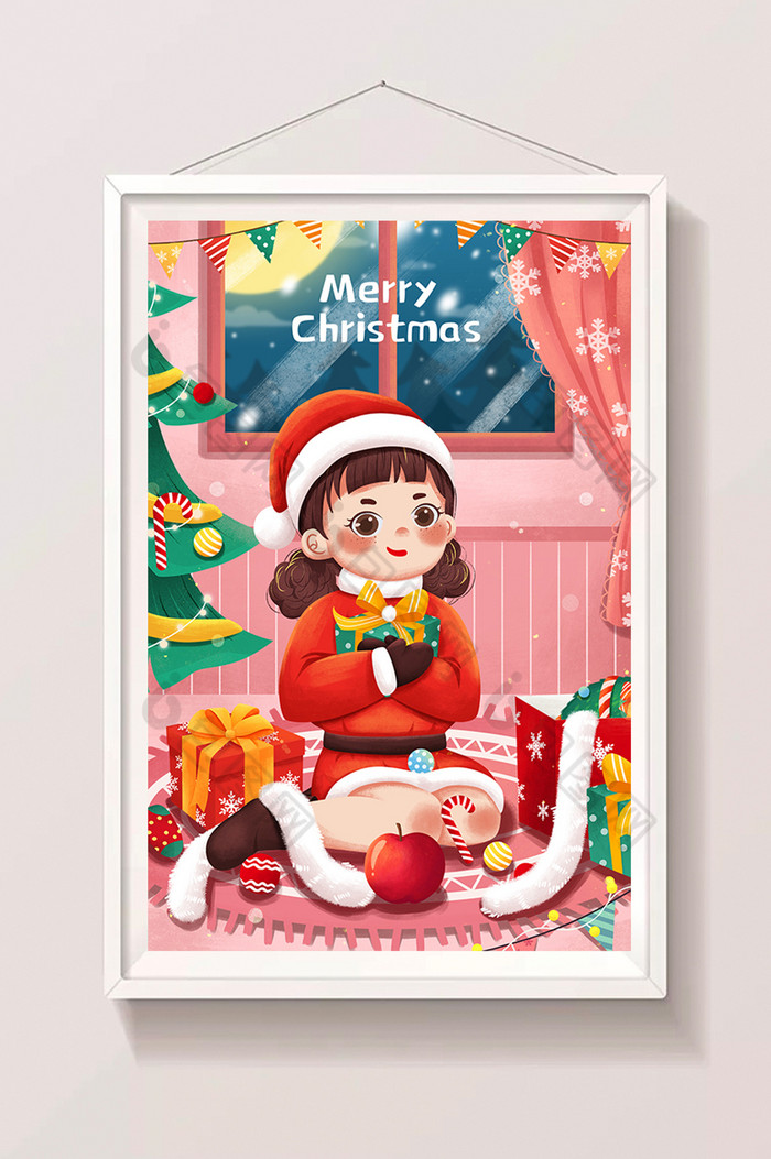 圣诞节圣诞女孩礼物装饰圣诞树插画图片图片