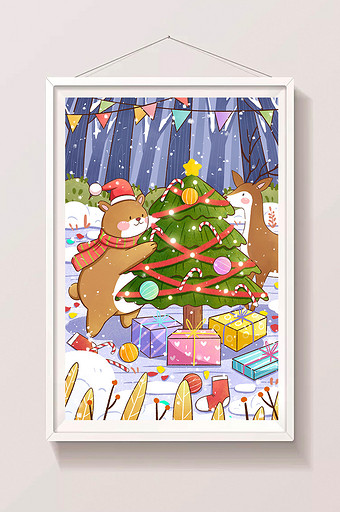 圣诞节小熊与鹿装饰圣诞树插画图片