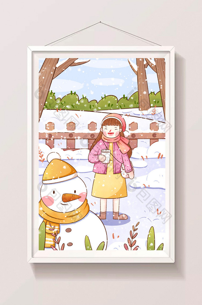 雪天冬季公园女孩雪人插画图片图片