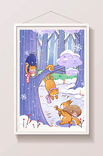 冬天森林小松鼠采集果实过冬插画图片