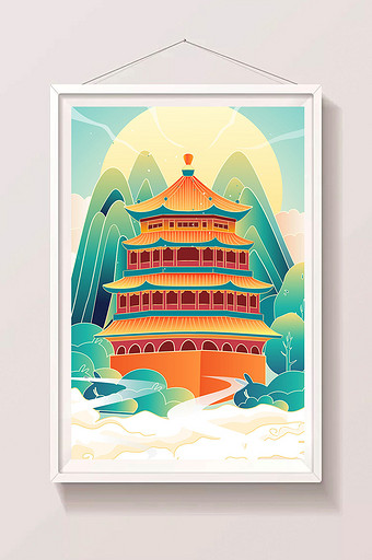 国风中国传统建筑插画矢量图图片