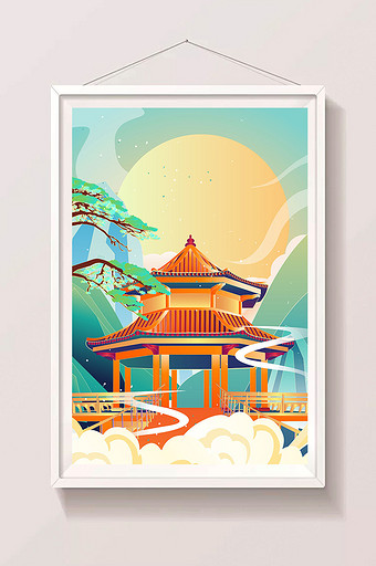 中国风传统亭子建筑插画图片