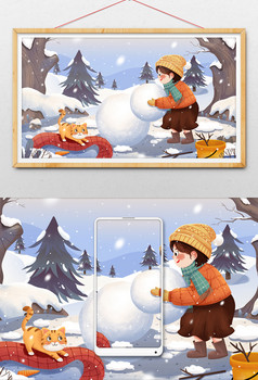冬季雪地堆雪人女孩与猫小雪大雪插画