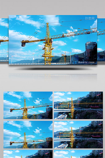 4K航拍桥梁建筑工程施工塔吊江边公路实拍图片