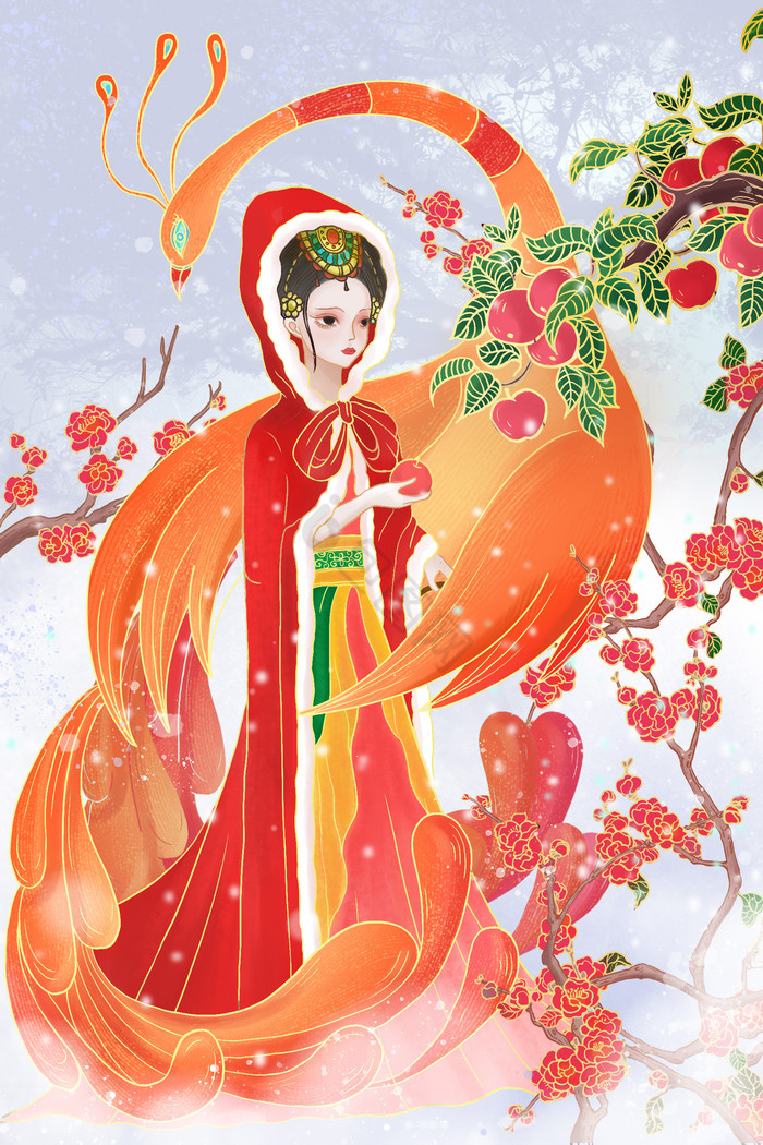 橘色中国化圣诞昭君摘苹果仙气插画