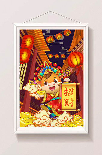 红色喜庆牛年财神祝福新年插画图片