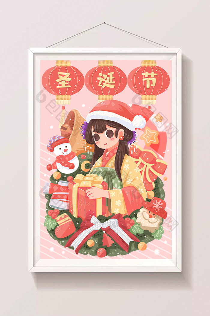 暖色中国圣诞古风儿童插画图片图片
