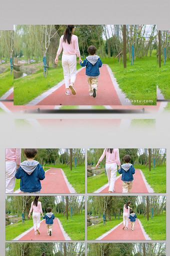 4k妈妈和儿子在公园里散步背影实拍图片