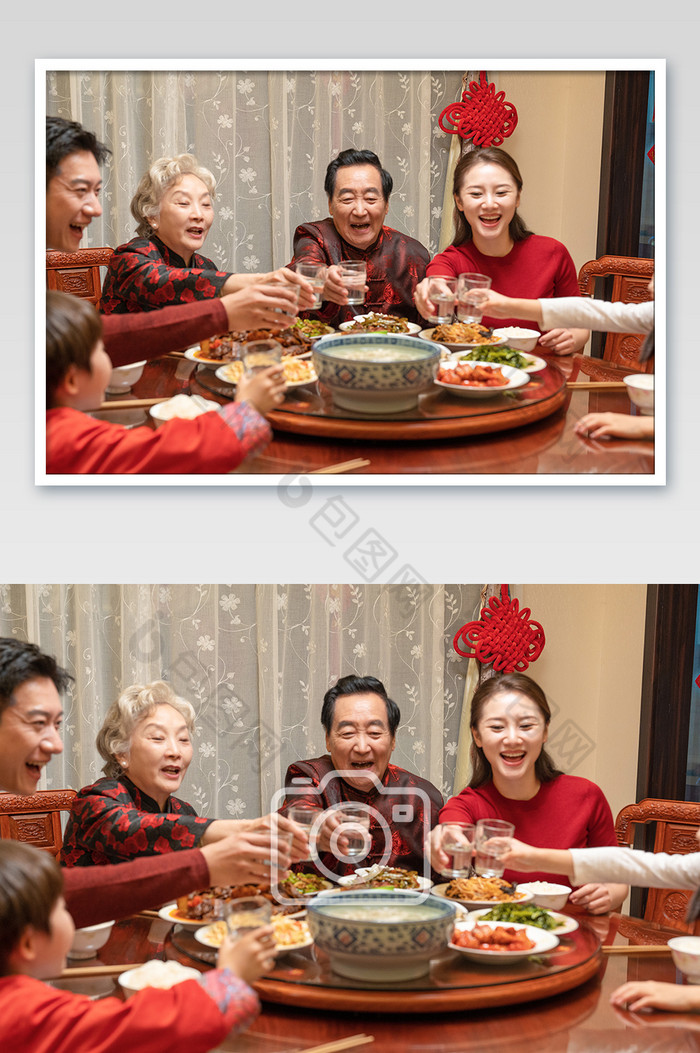 新年全家人团圆饭干杯摄影图片图片