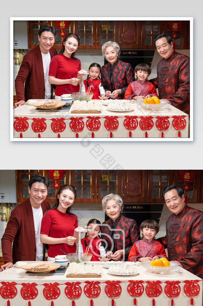 新年一家人包饺子合照摄影图片图片
