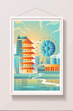 国风武汉城市建筑插画矢量图