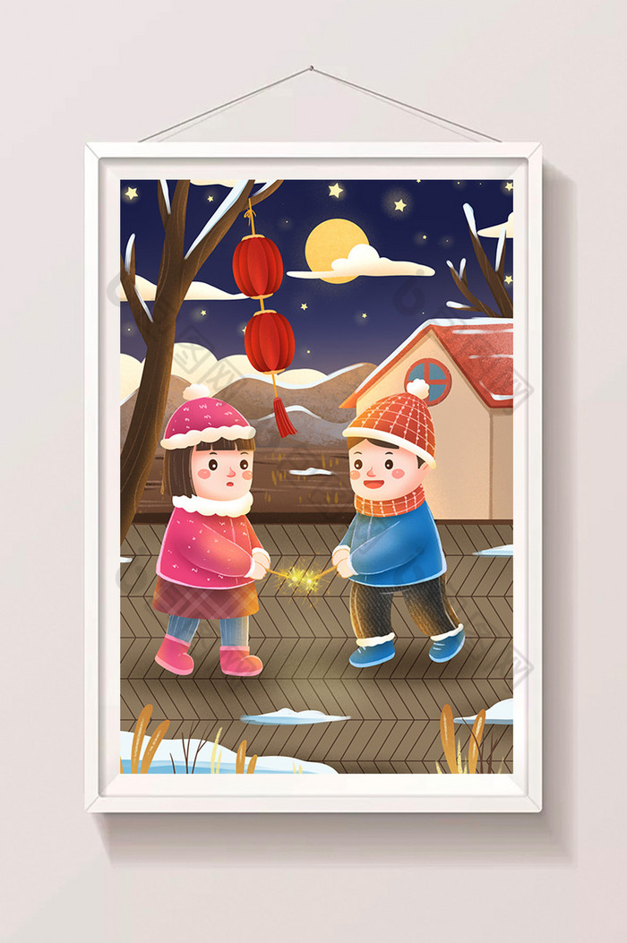 新年寒假玩烟花的孩子插画图片图片