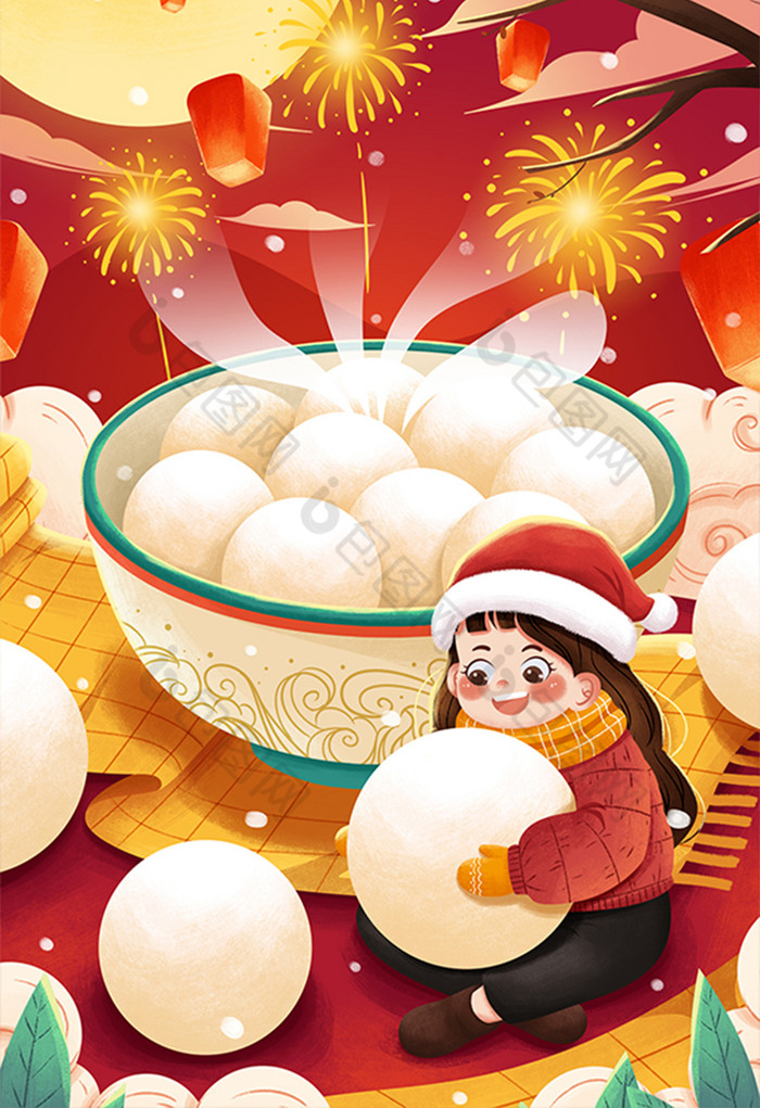 元宵节吃汤圆女孩正月十五插画图片