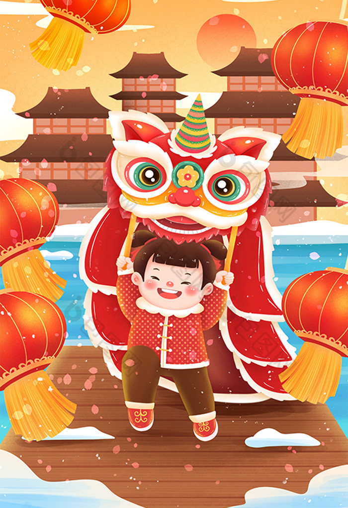 新年年俗中国福娃舞狮插画
