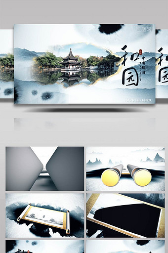 卷轴展开中国风水墨建筑景观旅游AE模板图片