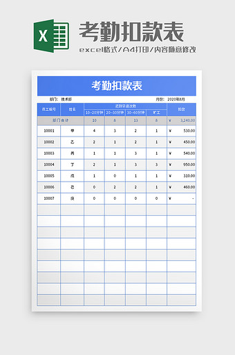 考勤扣款表excel模板图片