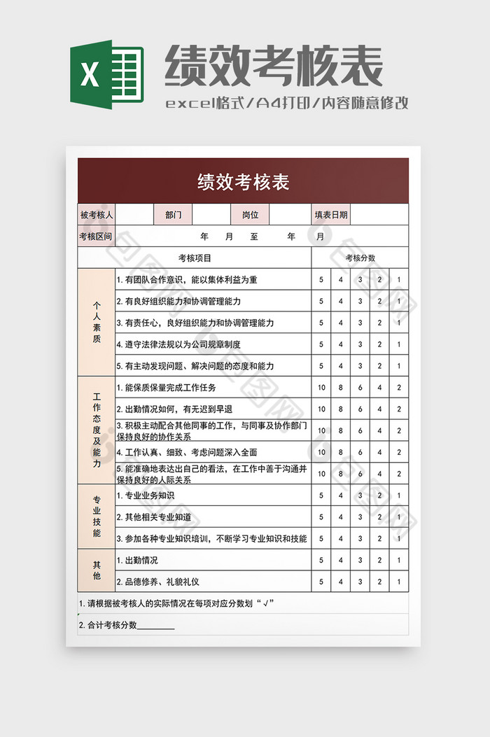 公司员工绩效考核表excel模板