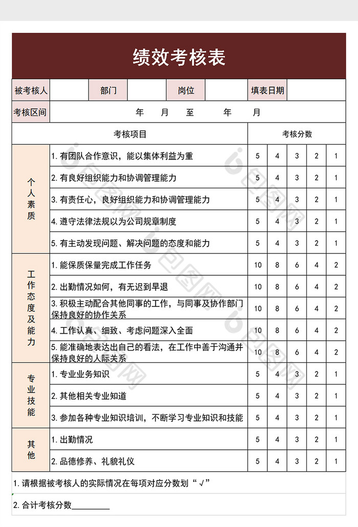 公司员工绩效考核表excel模板