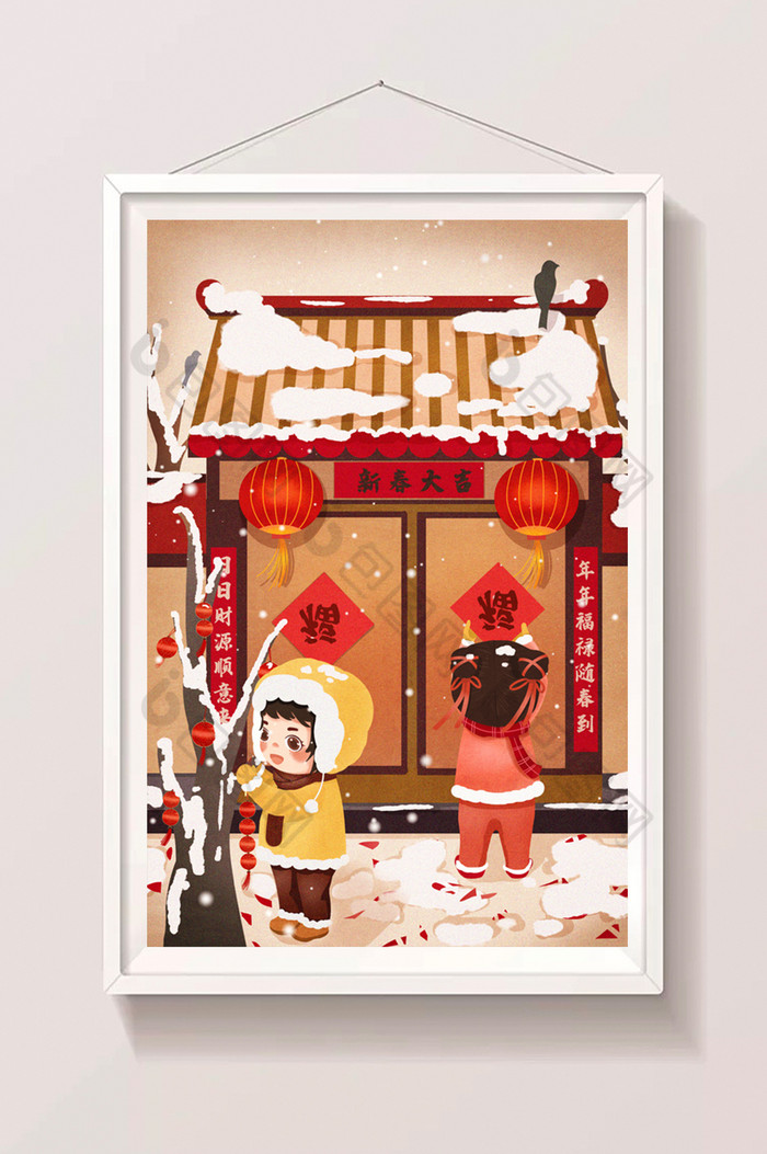 贴春联挂灯笼红色喜庆插画素材免费下载,本次作品主题是插画,使用场景