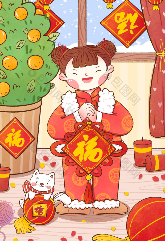 2021女孩贺新年插画图片