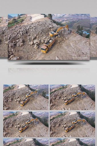4K航拍建设工程工地工人挖掘机翻斗车运输图片