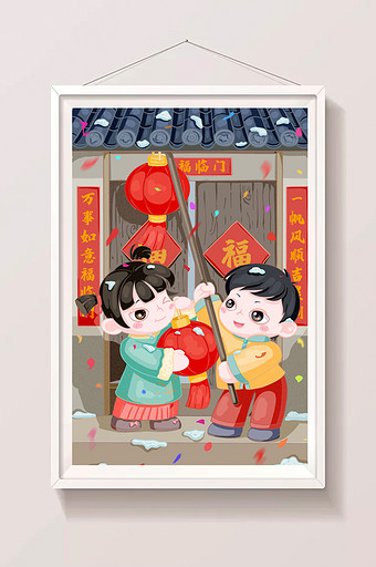 新年元旦跨年春节挂灯笼小孩喜庆红色插画图片